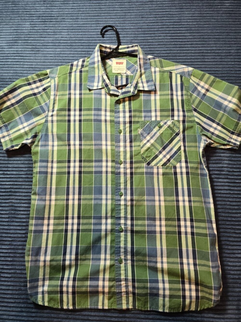 Levi's Mens Shirt Large Short Sleeve Plaid Button Up Green Blue White RN 117508